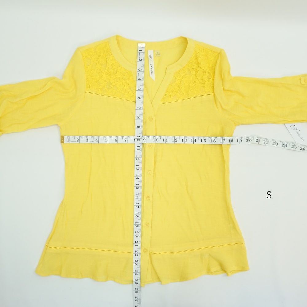 NY Collection Tab Sleeve Split Neck Lace Trim Top - Picture 6 of 7